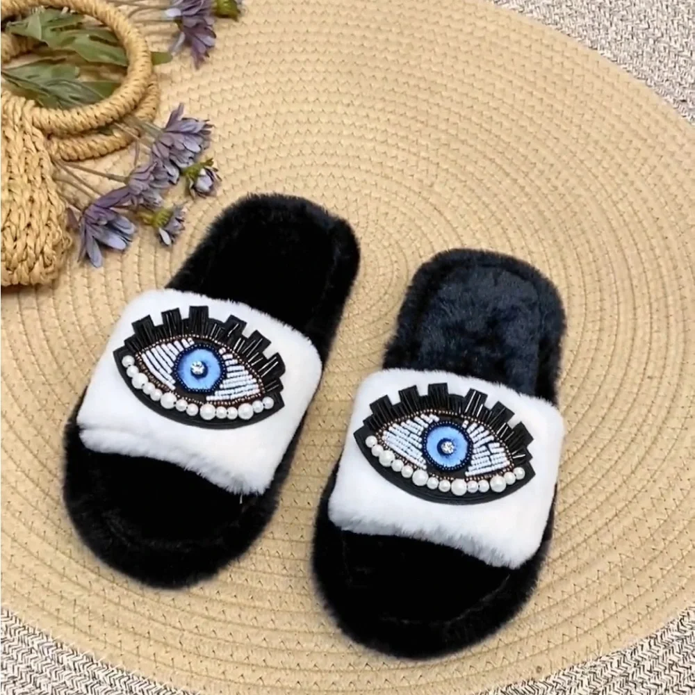 Bejeweled Evil Eye Slippers, Evil Eye Fuzzy Slippers - Picture 2 of 10